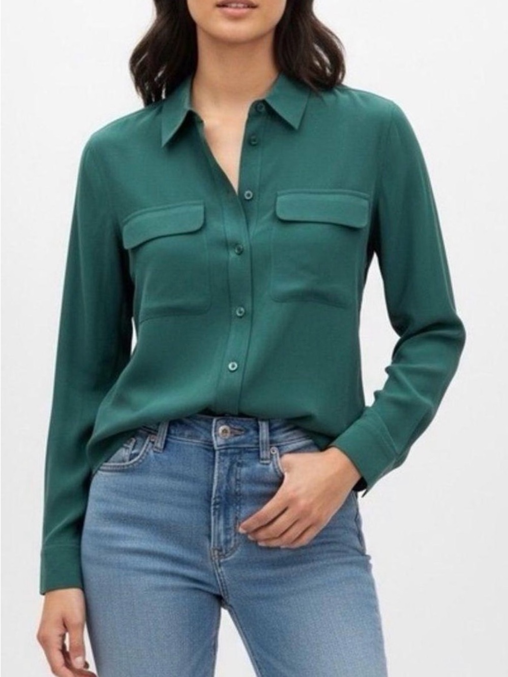 Equipment Emerald Green Button-Front 100% Silk Shirt with Front Pockets Casual